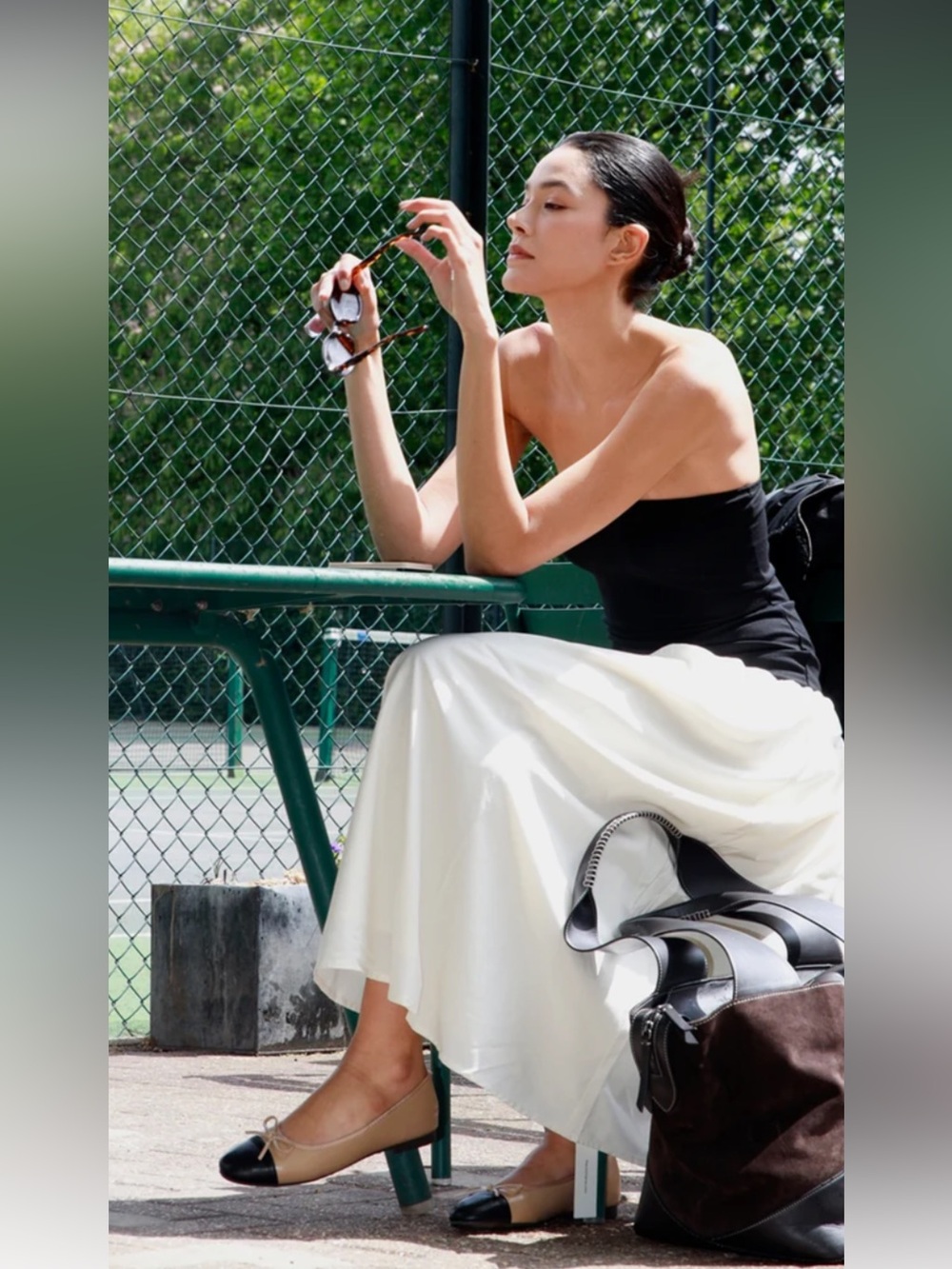 Commense Strapless Two-Tone Maxi Skirt Dress in Black and Cream